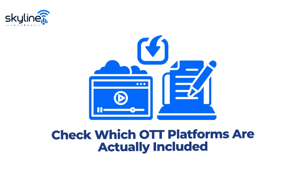 Graphic titled "Check Which OTT Platforms Are Actually Included" featuring the Skyline Internet logo, a video player screen under cloud icons, a downward download arrow badge, and a document being edited with a pen. 