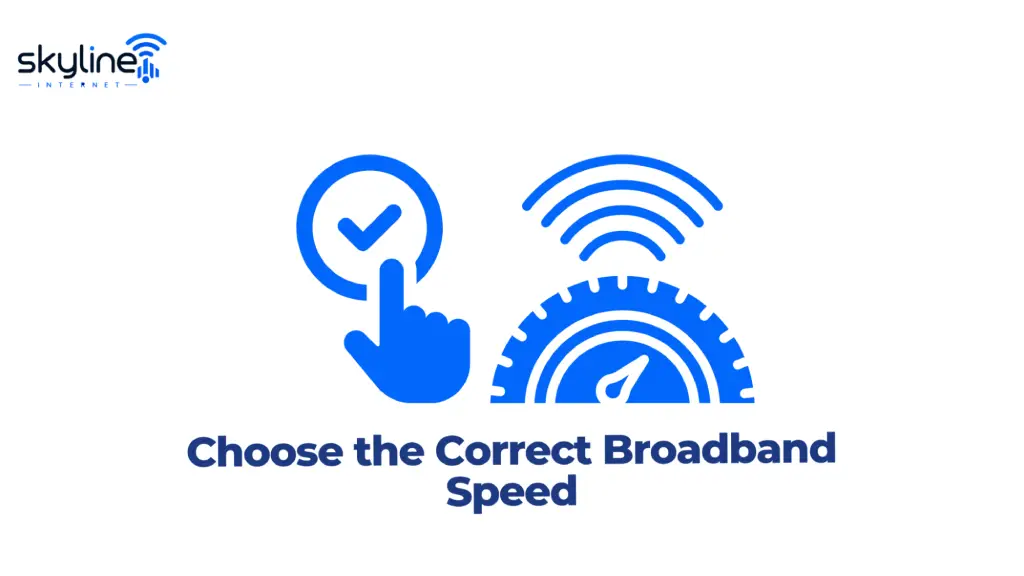 Graphic titled "Choose the Correct Broadband Speed" featuring the Skyline Internet logo, a hand selecting a circular checkmark badge, and a speed gauge emitting Wi-Fi signals.