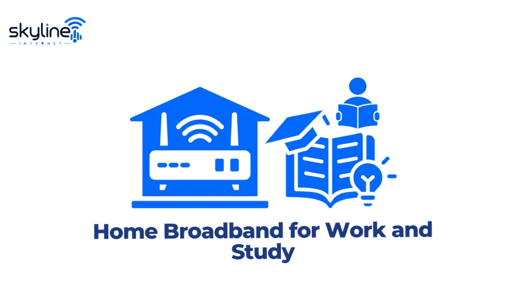 Graphic titled "Home Broadband for Work and Study" featuring the Skyline Internet logo, a house icon enclosing a Wi-Fi router, a graduation cap above an open book, a student reading, and a glowing lightbulb. 
