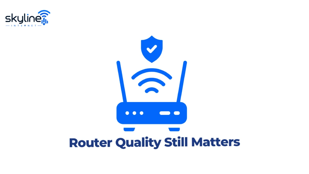 Graphic titled "Router Quality Still Matters" featuring the Skyline Internet logo, a dual-antenna Wi-Fi router emitting signals, and a security check shield icon. 