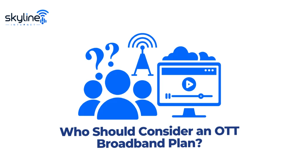 Graphic titled "Who Should Consider an OTT Broadband Plan?" featuring the Skyline Internet logo, user avatars under question marks, a signal transmission tower, and a video streaming display. 