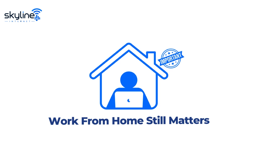Graphic titled "Work From Home Still Matters" featuring the Skyline Internet logo, a house frame enclosing a person working on a laptop, and an "IMPORTANT" stamp badge. 