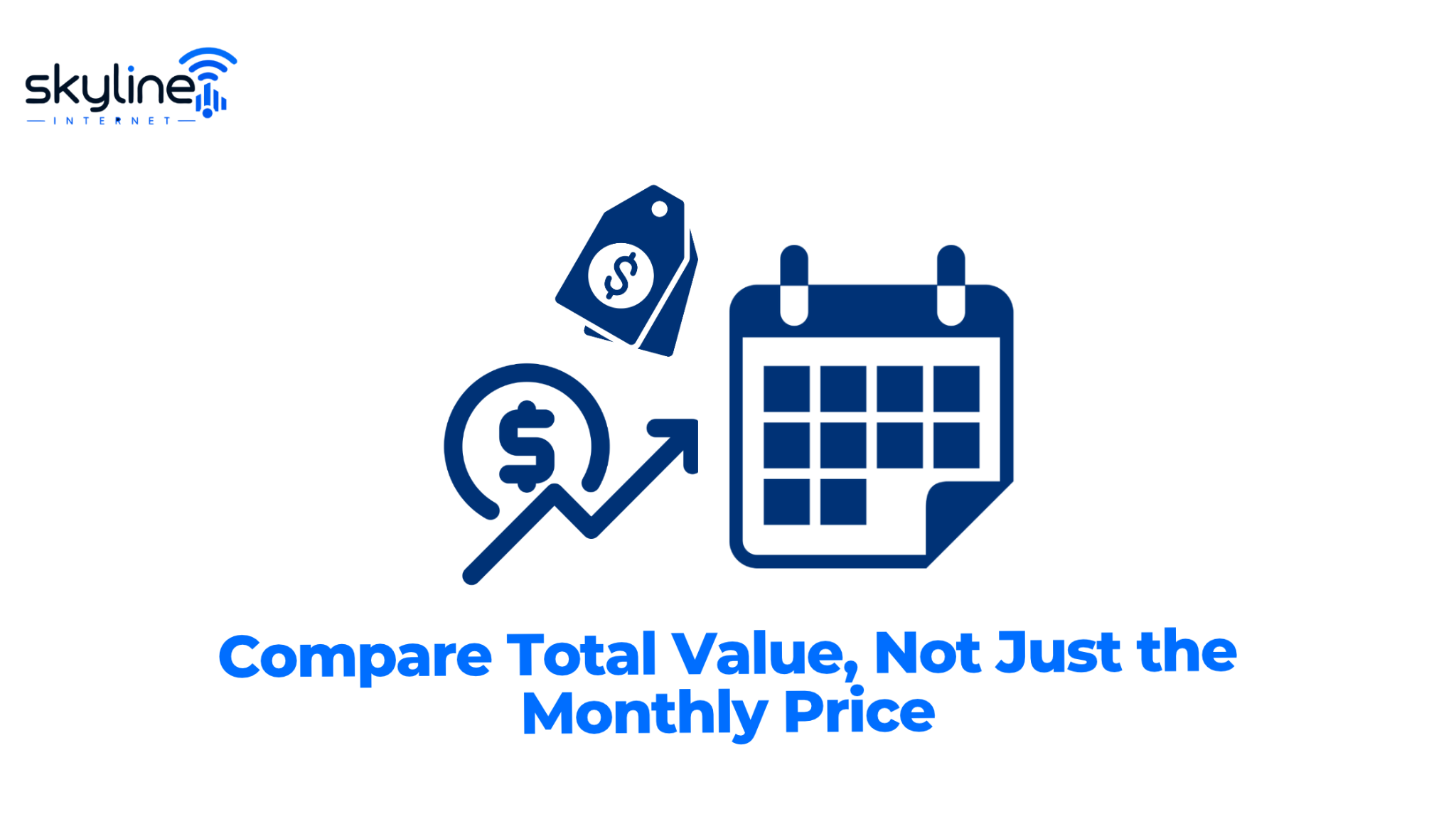 Alt Text : Skyline Internet graphic titled "Compare Total Value, Not Just the Monthly Price" featuring pricing, value growth, and calendar duration icons.