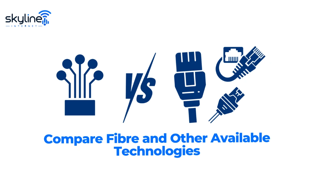 Skyline Internet graphic titled "Compare Fibre and Other Available Technologies" featuring fiber optic and network connector icons. 