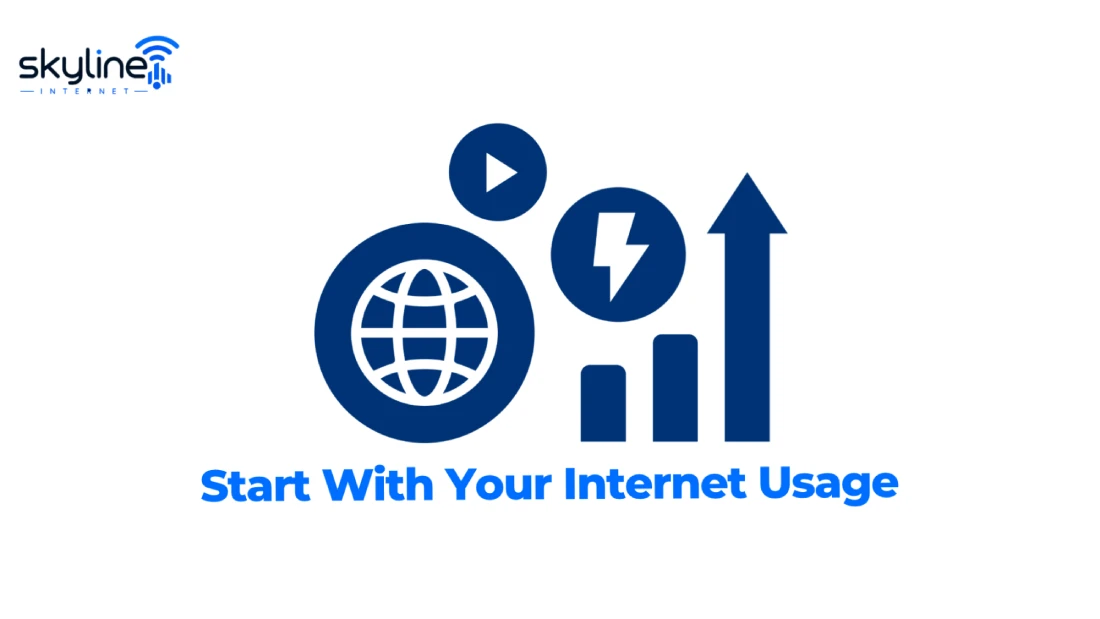 Skyline Internet graphic titled "Start With Your Internet Usage" featuring globe, media, and performance growth icons. 